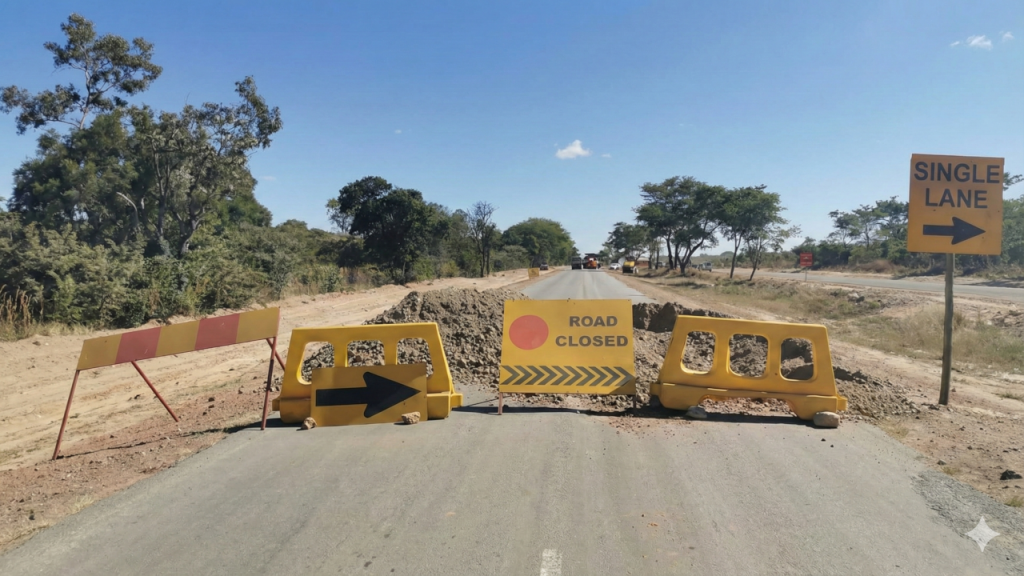 Construction site view showing a paved road undergoing maintenance with yellow 'Road Closed' barriers, a directional arrow, and a 'Single Lane' detour sign under a clear blue sky.