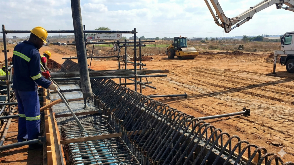 Wide shot of a long, graded dirt construction road with heavy tire tracks, featuring a yellow steamroller working in the distance under a dramatic sky.