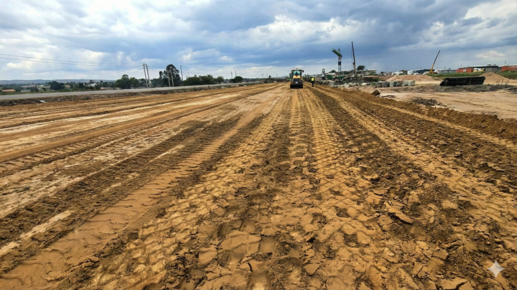 Wide angle view of the Injumo Development construction site showing heavy tire tracks in the soil, a steamroller in the distance, and a cloudy blue sky.