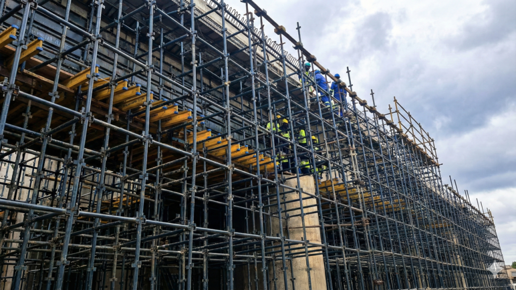 Low-angle view of a building under construction wrapped in blue metal scaffolding, with workers visible on the upper platforms against a cloudy sky.