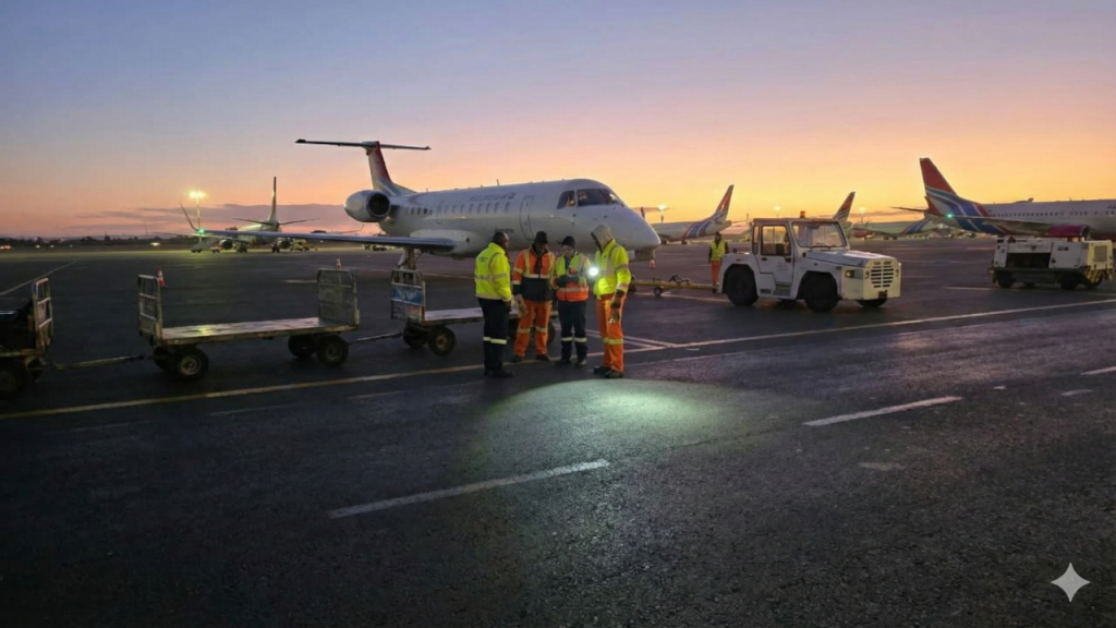 A team of construction workers in high-visibility safety gear operating a line-marking machine on an airport runway at twilight. Several commercial airplanes are parked in the background against a sunset sky. The scene represents an Injumo Development infrastructure maintenance project.